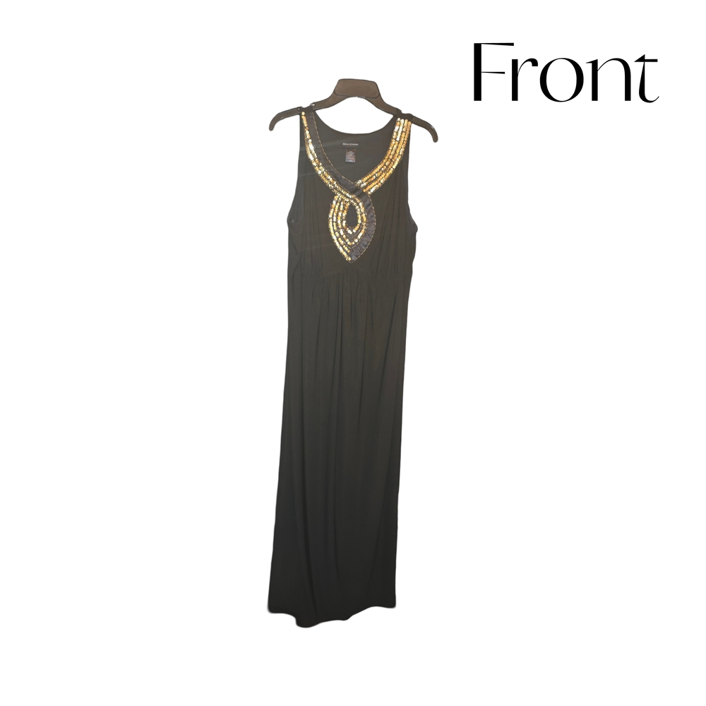 Chic Black Maxi Dress with Gold Embellishments